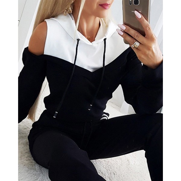 Kadın Uzun Kollu Omuzlardan Açık Kapşonlu Bağcıklı çift Renkli Viskon Iki Iplik Bluz Ve Pantolon Ikili Takım