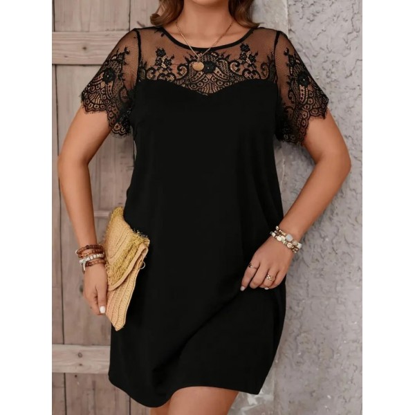 Kadın Kısa Kollu Dantel Bisiklet Yaka Ve Kol Dantel Detaylı Janjan Krep Elbise