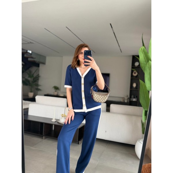 Kadın Kısa Kollu Ribana Ve Gold Düğme Detay Hırka Yanı şeritli Pantolon Ikili Takım