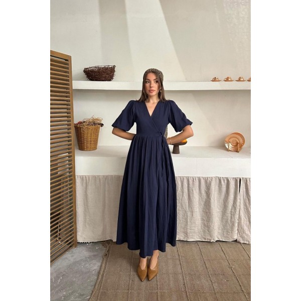 Lacivert Müslin Uzun Elbise