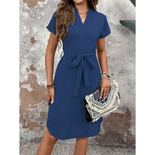Kadın Kısa Kollu V Hakim Yaka Belden Kuşaklı Valencia Elbise