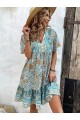 Kadın Kısa Kollu Yakası Bağcıklı önden Düğmeli Fırfır Desenli Süprem Elbise