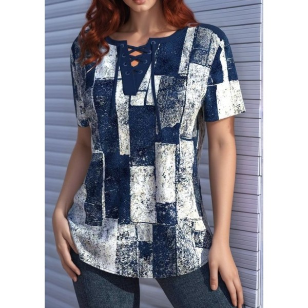 Kadın Kısa Kollu Yakası Bağcıklı Kuş Gözü Detay Süprem Bluz