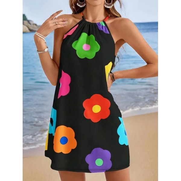 Kadın Boyundan Askılı Kolsuz çiçek Desenli Süprem Elbise