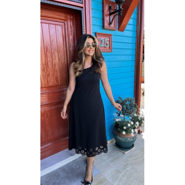 Kadın Kolsuz Etek Ucu Lazer Kesim çiçek Desenli Midi Boy Janjan Krep Elbise