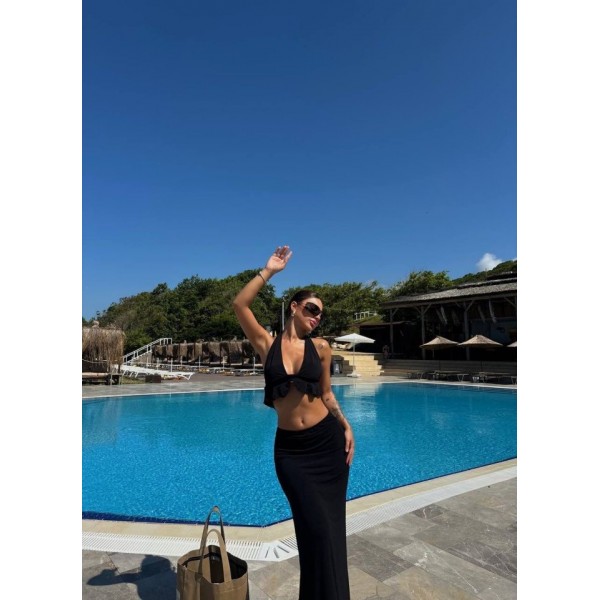 Kadın Mayo Kumaş Bağlamalı Crop Ve Maxi Boy Etek Ikili Takım