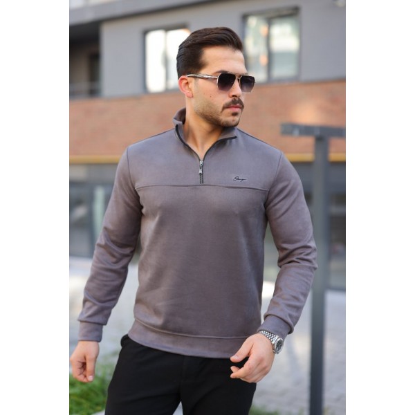 Erkek Süet Yarım Fermuar Dik Yaka Sweat