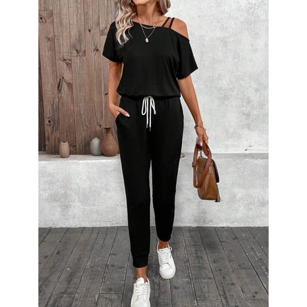 Kadın Tek Omuzdan Açık Viskon Iki Iplik Bluz Bağcıklı Pantolon Ikili Takım