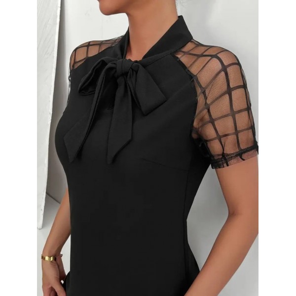 Kadın Kısa Kollu Boyundan Bağlamalı Omuzlarda Tül Detaylı Janjan Krep Elbise