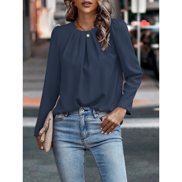 Kadın Uzun Kollu Yuvarlak önden Pileli Ithal Krep Bluz