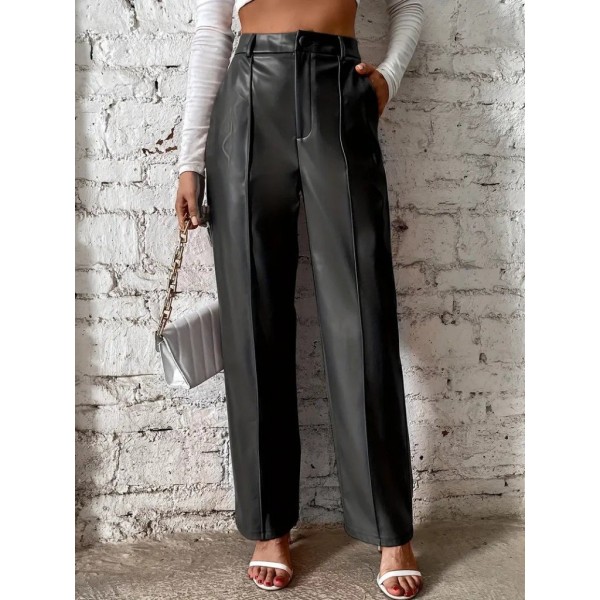Kadın önden Fermuarlı Cepli Geniş Kesim Lame Deri Pantolon
