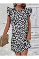 Kadın Kısa Kollu Kolları Fırfır Detay Arkası Bağlamalı Leopar Desen Kolsuz Mini Mikro Elbise