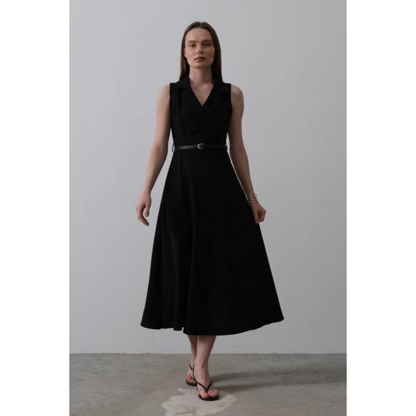 Sıfır Kollu Kemer Detaylı Elbise - Siyah