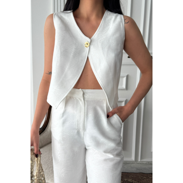 KETEN TEK DÜĞME YELEK-PANTOLON TAKIM - Beyaz