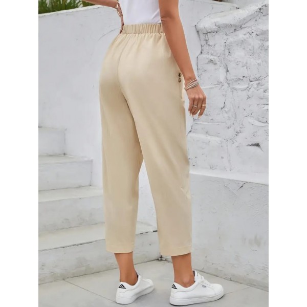 Kadın Yüksek Bel Yandan Cepli Düğme Detaylı Geniş Kesim Ithal Krep Pantolon