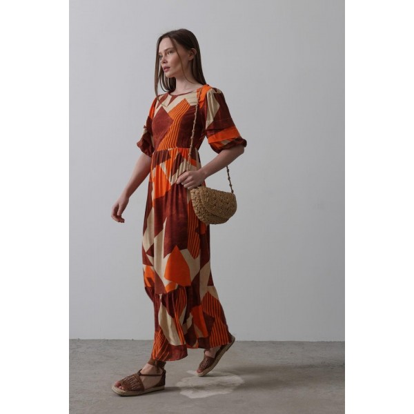 Desenli Balon Kol Kloş Elbise - Kahve