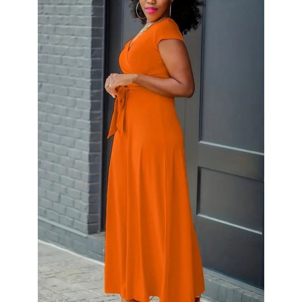 Kadın Kısa Kollu V Yakalı Belden Kuşaklı Maksi Boy Viskon Elbise