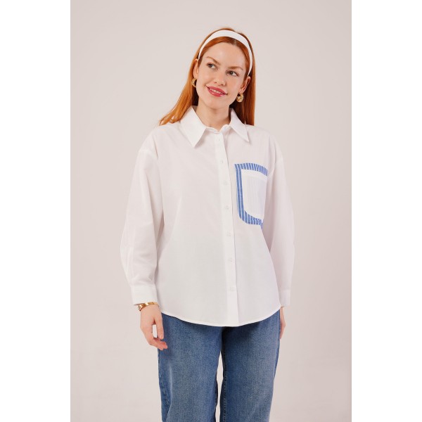 Çizgili Cep Detaylı Beyaz Gömlek