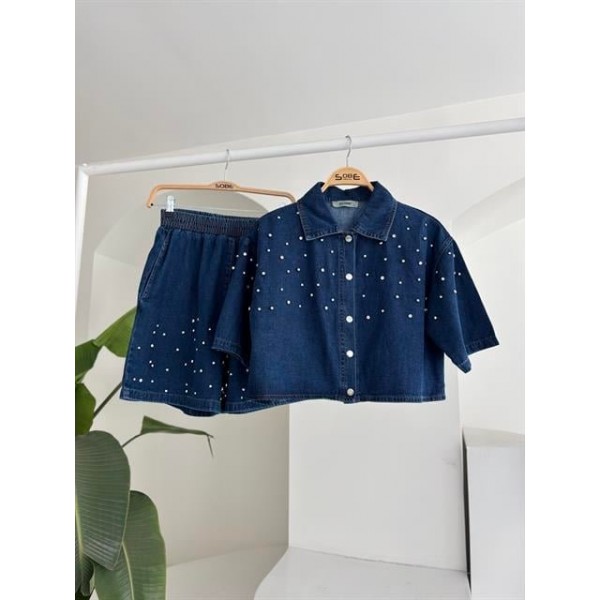 Taş Detaylı Gömlek Şort Denim Takım 10175