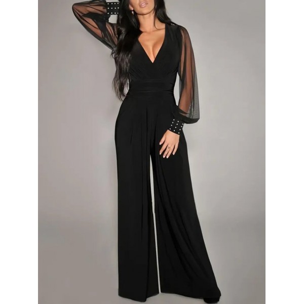 Kadın Uzun Kollu Kruvaze Yakalı Kolları Tüllü Viskon Tulum