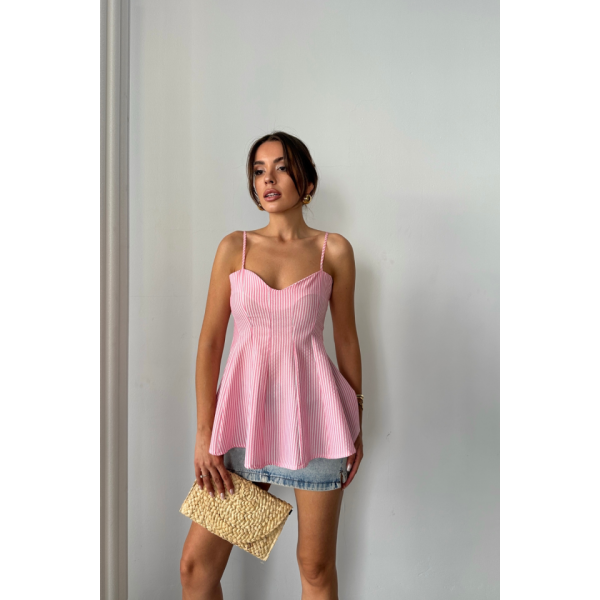 ÇİZGİLİ GOFRE ASKILI PENS DETAYLI BLUZ - Pembe