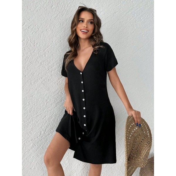 Kadın Kısa Kollu V Yaka önü Düğmeli Viskon Elbise