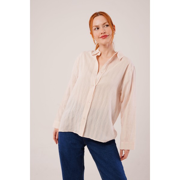 Düğmeli Ve Çizgi Detaylı Krem Gömlek