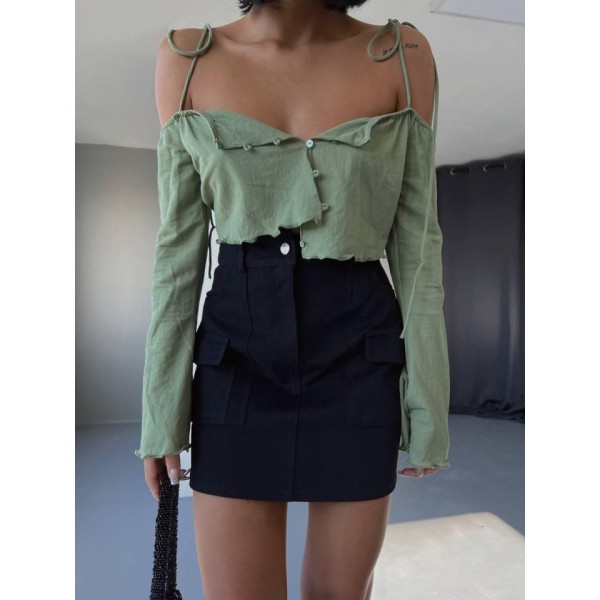 GABARDİN KISA ETEK CEP DETAYLI - Siyah