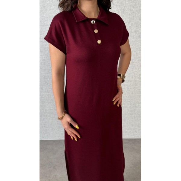 Kadın Kısa Kollu Yakalı Yandan Yırtmaçlı Viskon Iki Iplik Elbise