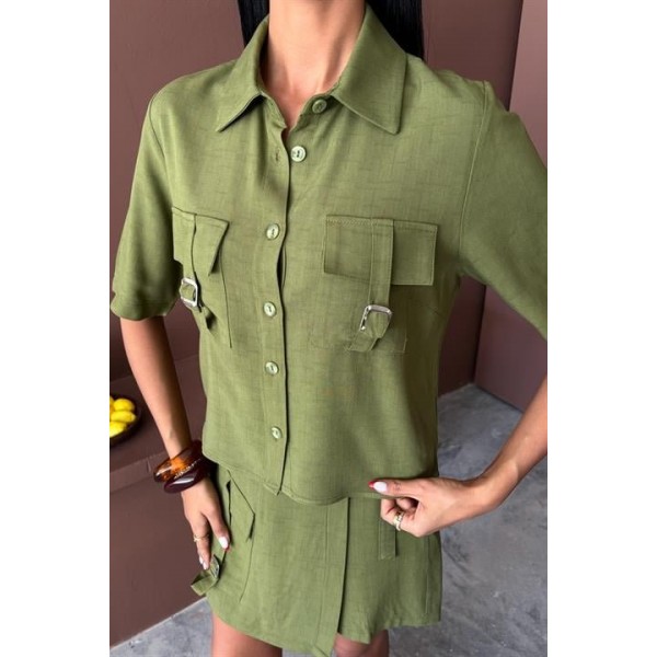 Gömlek Şort Etek Viscon Keten Takım 10162