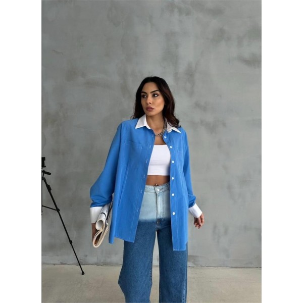 KOL VE MANŞET BEYAZ KAPALI PİLE DETAYLI GÖMLEK - Mavi