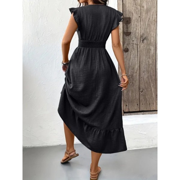 Kadın Kısa Kelebek Kollu Kruvaze Yakalı Beli Lastikli Aerobin Elbise