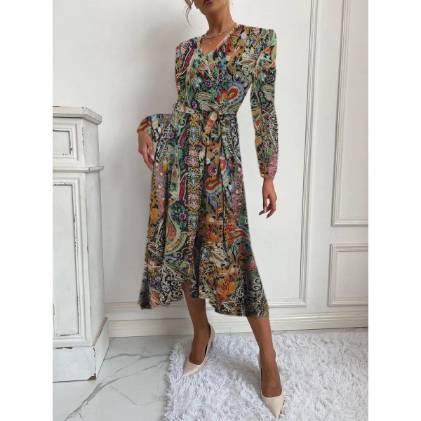 Kadın Uzun Kollu Kruvaze Yakalı Belden Kuşaklı Leopar