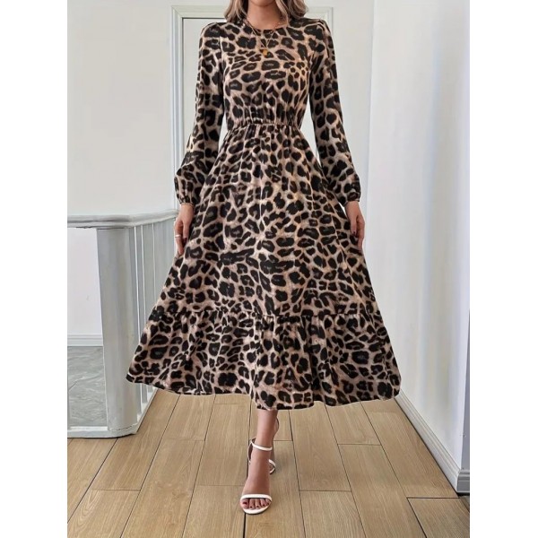 Uzun Kollu Bisiklet Yaka Leopar Desenli Midi Süprem Elbise