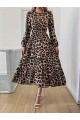 Uzun Kollu Bisiklet Yaka Leopar Desenli Midi Süprem Elbise