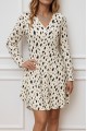 Kadın Uzun Kollu V Yakalı Desenli Kısa Keten Elbise