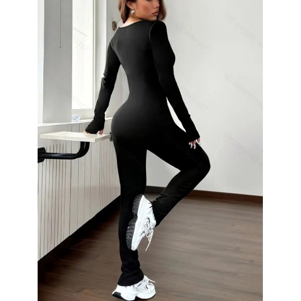 Kadın Uzun Kollu Kare Yakalı Fermuarlı Parmaktan Geçmeli Dalgıç Tulum