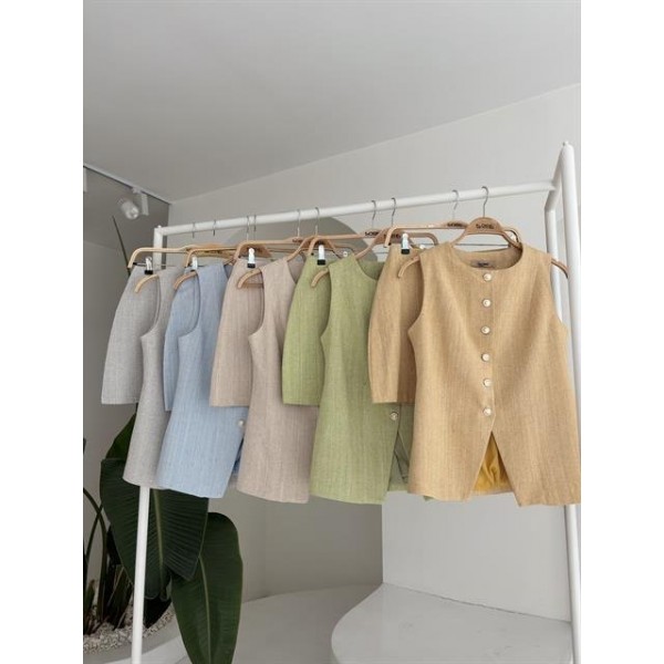 Uzun Yelek Mini Etek Flamlı Keten Takım 10148