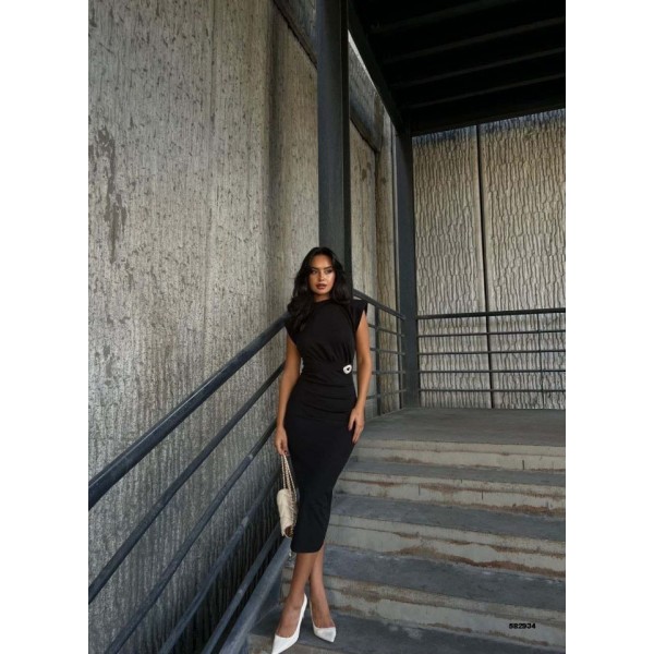 Kadın Bisiklet Yaka Vatkalı Broş Detay Kısa Kol Midi Boy Elbise