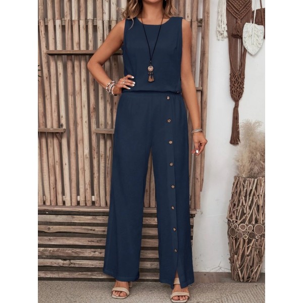 Kadın Kolsuz Düğmeli Asimetrik Detaylı Bürümcük Bluz Ve Pantolon Takım