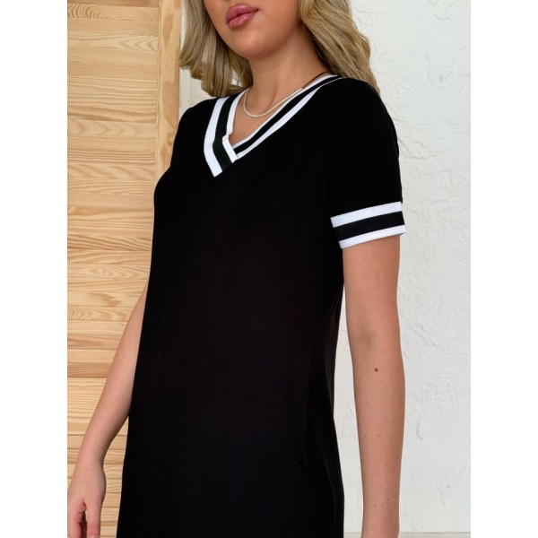 Kadın Kısa Kollu V Yaka Kol Ve Yaka Ribana Detay Midi Boy Viskon Elbise