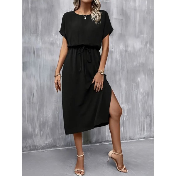 Kadın Kısa Kollu Yakası Açık Belden Bağlamalı Yırtmaçlı Viskon Elbise