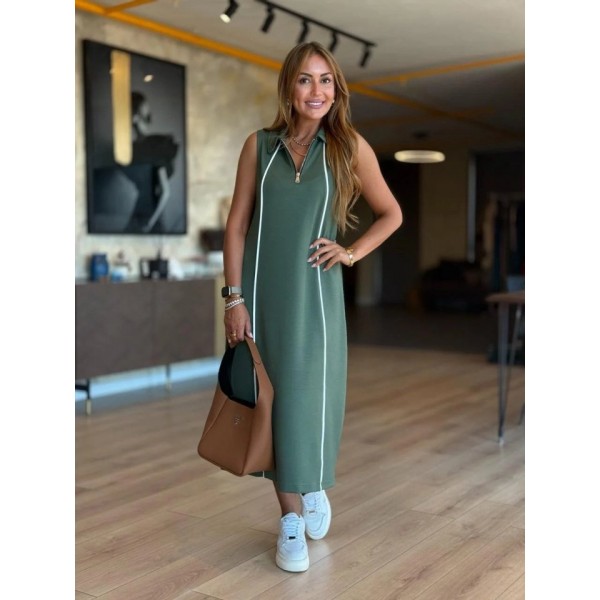 Kadın Modal Kumaş şerit Detaylı Fermuarlı Midi Elbise