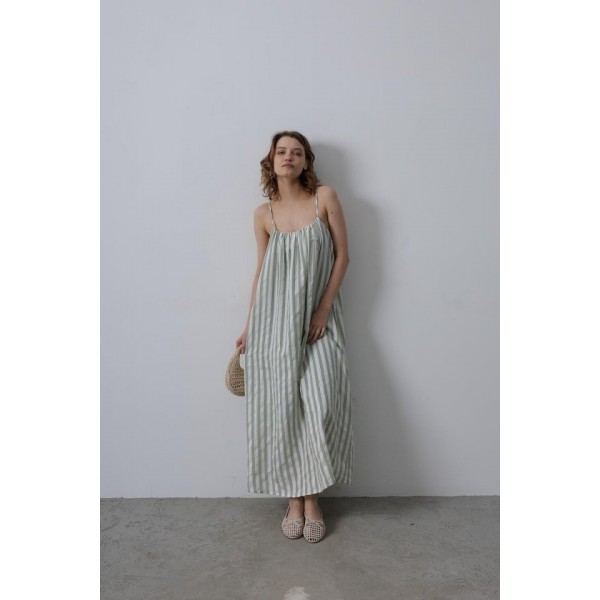 Askılı Çizgi Desen Elbise - Haki