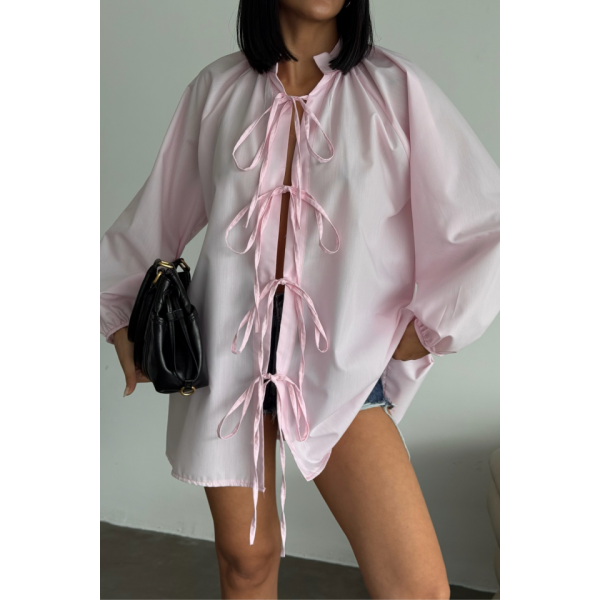 GÖMLEK POPLİN HAKİM YAKA ÖNDEN BAĞLAMA İP DETAYLI - Pembe