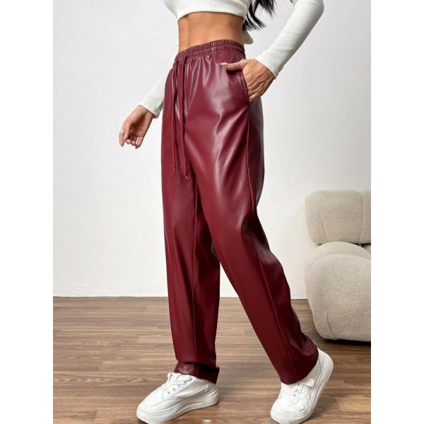 Kadın Yüksel Bel Bağcıklı Deri Pantolon