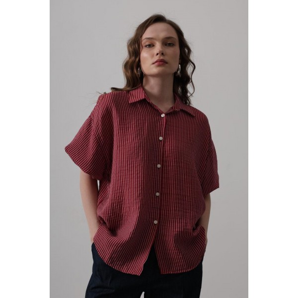 Yarım Balon Kol Çizgili Gömlek - Bordo