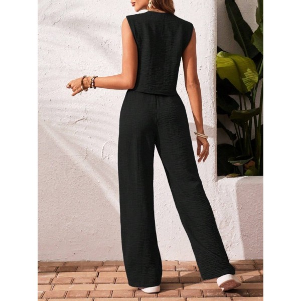 Kadın Sıfır Kollu Düğmeli Yelek Ve Pantolon Bürümcük Ikili Takım