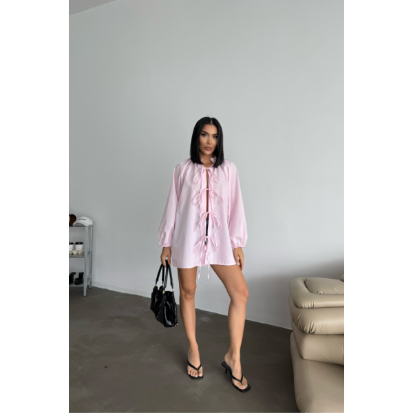 GÖMLEK POPLİN HAKİM YAKA ÖNDEN BAĞLAMA İP DETAYLI - Pembe