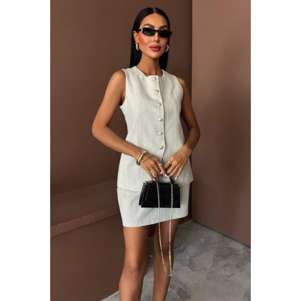 Uzun Yelek Mini Etek Flamlı Keten Takım 10148